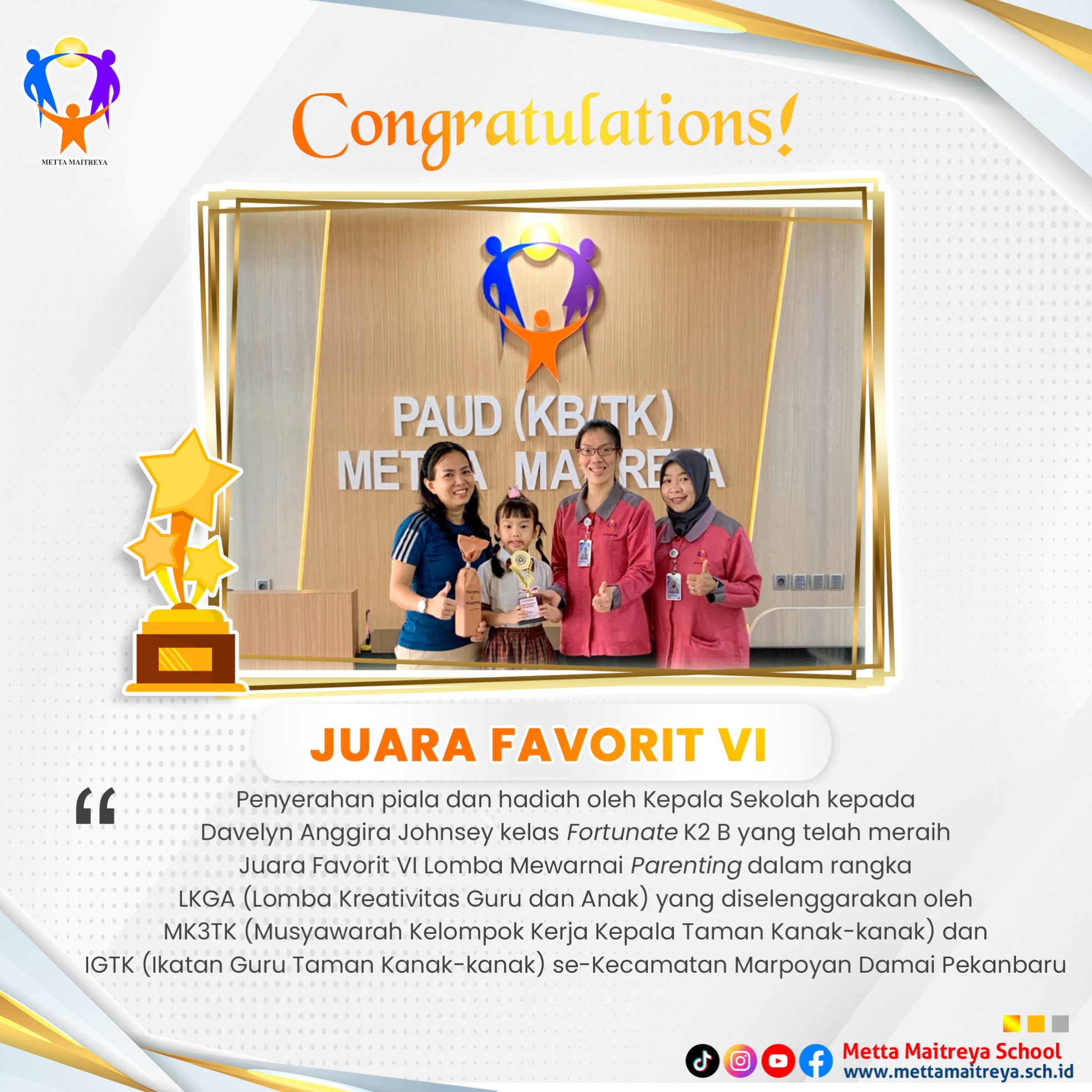 Penyerahan Hadiah oleh Kepala Sekolah dalam Lomba Finger Mewarnai Parenting dalam rangka LKGA | TK METTA MAITREYA